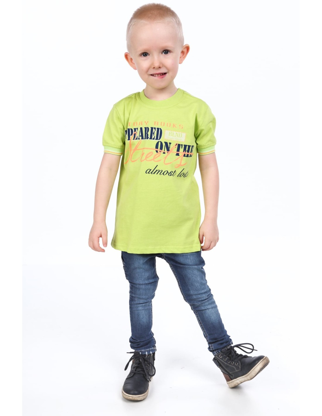 Tricou băiat lime cu inscripții NDZ7357 - Magazin online - Boutique